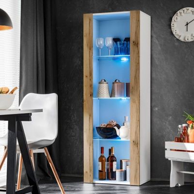 Vitrine Armoire Komodee TIVOLI - LED bleues - Bois naturel et Blanc - 55 x 159 x 35 cm