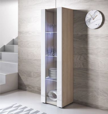 Vitrine armoire LED brillante - Blanc & Sonoma - 1 porte 4 compartiments - 40x29x167 cm