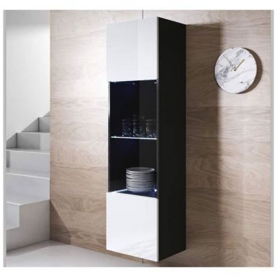 Vitrine armoire LED contemporaine - Noir et blanc - Verre - 1 porte - 4 compartiments - 40x165x29 cm