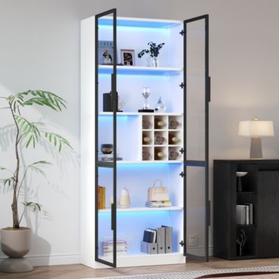Vitrine - Armoire Vitrée Moderne avec Portes Vitrées et LED Télécommandé, Meuble Vitrine Pratique - 80x35x200 cm - Blanc
