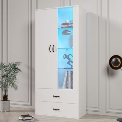 Vitrine avec Éclairage LED, 2 Portes Et 2 Tiroirs, Meuble de Rangement Haut Pour Salon ou Salle à Manger, Étagères Verre, Blanc