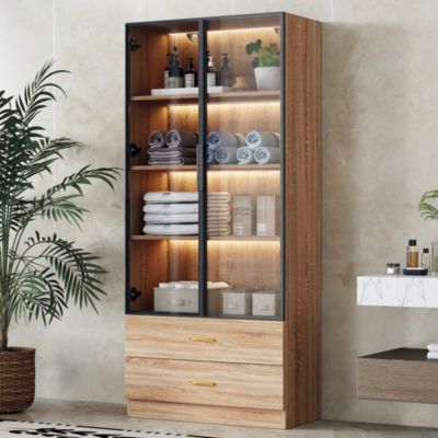 Vitrine avec Éclairage LED 2 Tiroirs, Porte en Verre, Meuble de Rangement  Grande Capacité - Design Épuré 75x34,5x170 cm, Naturel
