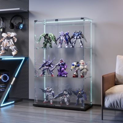 Vitrine Verre LED 3 Étagères 1 Porte – Meuble Exposition Colonne Salon Blanc Avec Éclairage Et Serrure
