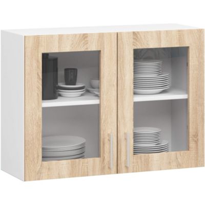 Vitrine de cuisine AKORD LIMA W80 D2 Blanche 80 cm 2 portes façade Chêne Sonoma 2 étagères 80x30,5x58 cm
