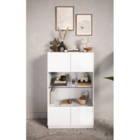 Vitrine design 2 portes, collection FANZY, blanc laqué/chêne, idéal pour salle à manger unique