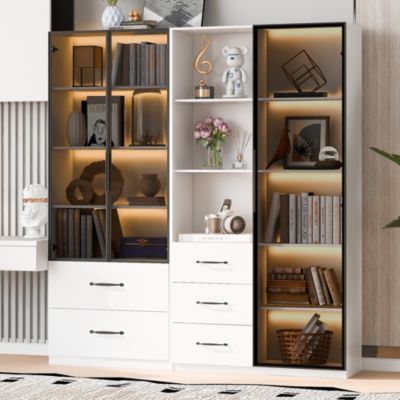 Vitrine en verre 140x40x160 cm - Avec éclairage LED - 3 portes vitrées et 5 tiroirs - Avec étagères ouvertes -Blanc
