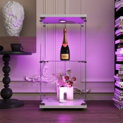 Vitrine en Verre 2 étagères, Meuble Vitrine Verre avec LED et Portes, 86x40x36 cm, Blanc