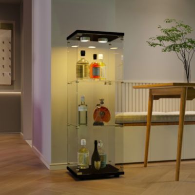 Vitrine en Verre - 3 étagères - Avec LEDs, lumière et serrure, noir