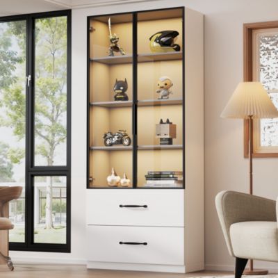 Vitrine en verre 60x40x160 cm - Avec éclairage LED - 2 portes vitrées et 2 tiroirs - Structure en alliage d'aluminium - Blanc