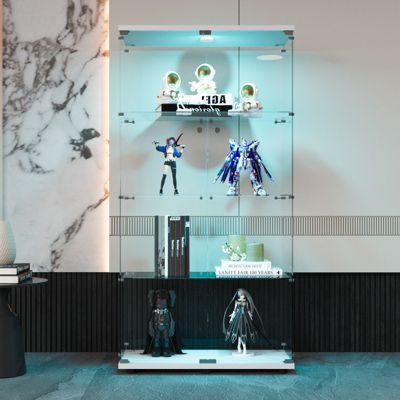 Vitrine en verre à deux portes avec éclairage LED, 4 étagères, bibliothèque sur pied moderne pour salon, chambre ou bureau, blanc