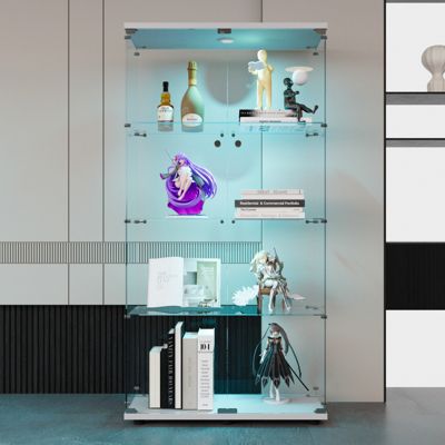 Vitrine en verre, LED, 4 couches, 2 portes, 80,5x36,5x164cm, pour salon, chambre à coucher, bureau, Blanc