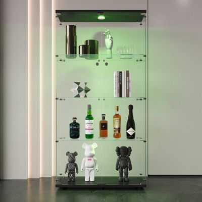 Vitrine en verre, LED, 4 couches, 2 portes, 80,5x36,5x164cm, pour salon, chambre à coucher, bureau, Noir