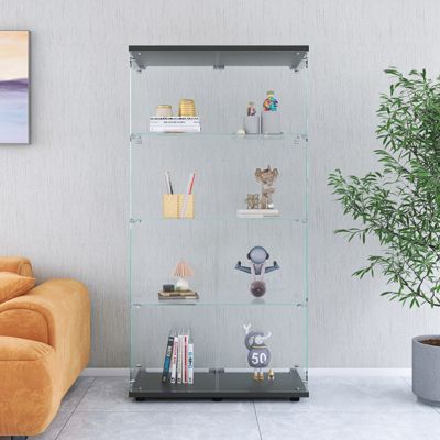 Vitrine en verre trempé noire 2 portes, 4 étagères, meuble vitrine sur pied pour salon chambre bureau