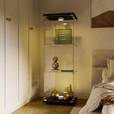 Vitrine en verre à trois couches avec lumière LED, noire, élégante