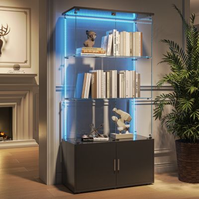 Vitrine en verre, vitrine avec éclairage LED pat, avec 3 niveaux de rangement et 2 portes, vitrine indépendante, Noir