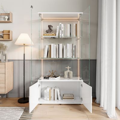 Vitrine en verre, vitrine avec éclairage LED pat, avec 3 niveaux de rangement et 2 portes, vitrine indépendante, Noir