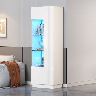 Vitrine Haute avec Éclairage LED Blanc Brillant, Moderne avec 3 Étages en Verre et 5 Espaces de Rangement, Blanc, 60x40x180 cm