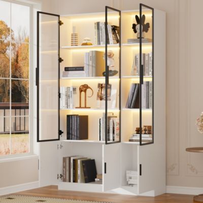 Vitrine haute en MDF L,120 x P,32 x H,200 cm avec éclairage LED, portes vitrées, blanc