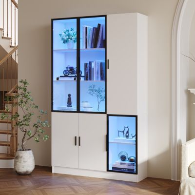 Vitrine haute en MDF L,120 x P,35 x H,200 cm avec éclairage LED, portes vitrées, blanc