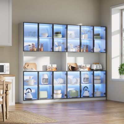 Vitrine haute en MDF L,240 x P,34 x H,200 cm avec éclairage LED, portes vitrées, blanc