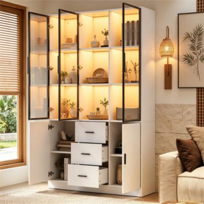 Vitrine haute en panneaux de particules L,120 x P,30 x H,200 cm avec portes vitrées, rangement bouteilles, blanc