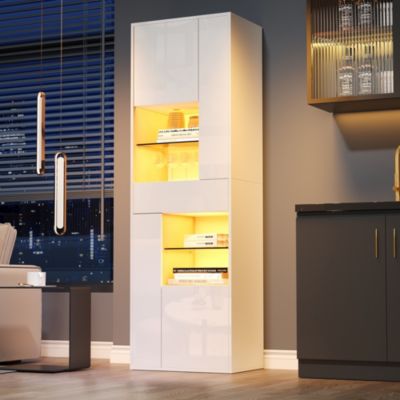 Vitrine haute en panneaux de particules L,55 x P,38 x H,170 cm avec rangement bouteilles, tiroir, blanc