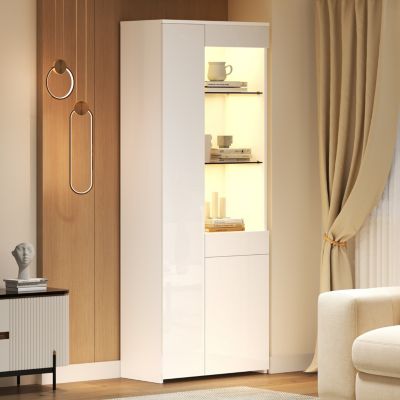 Vitrine haute en panneaux de particules L,70 x P,35 x H,180 cm avec éclairage LED, tiroir, blanc