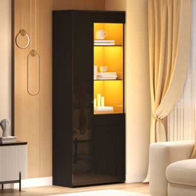 Vitrine haute en panneaux de particules L,70 x P,35 x H,180 cm avec éclairage LED, tiroir, noir