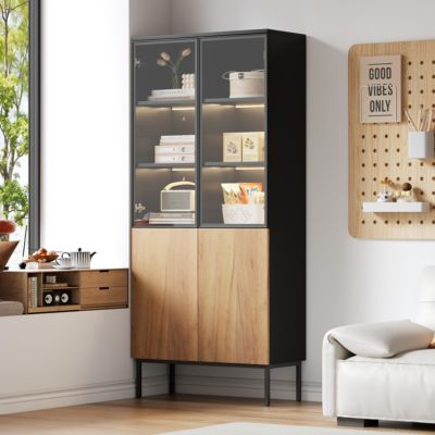 Vitrine haute en panneaux de particules L,74 x P,31 x H,180 cm avec éclairage LED, portes vitrées, black,oak