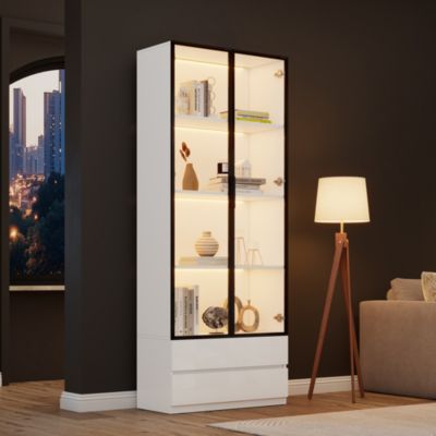 Vitrine haute en panneaux de particules L,80 x P,34 x H,200 cm avec éclairage LED, portes vitrées, blanc