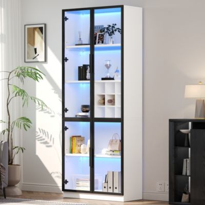 Vitrine haute en panneaux de particules L,80 x P,35 x H,200 cm avec éclairage LED, portes vitrées, blanc