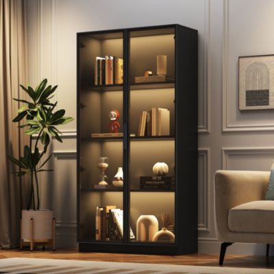 Vitrine haute en panneaux de particules L,80 x P,40 x H,160 cm avec éclairage LED, portes vitrées, noir