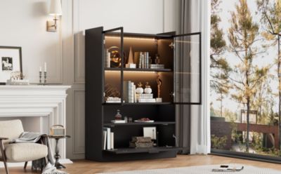 Vitrine LED Salon avec Portes en Verre et Abattante - 16 Couleurs, MDF + Verre Trempé, Noir, 80x35x120 cm