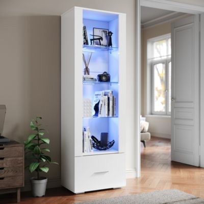 Vitrine LED Sirhona Blanc 1720 x 550 x 350 mm Meuble de rangement avec un tiroir de grande capacité, 3 compartiments en verre