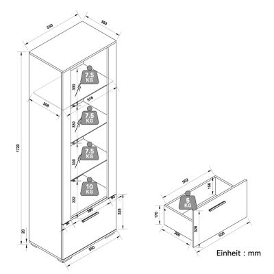 Vitrine LED Sirhona Blanc 1720 x 550 x 350 mm Meuble de rangement avec un tiroir de grande capacité, 3 compartiments en verre