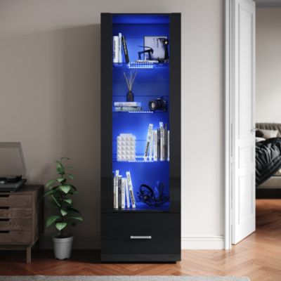 Vitrine LED Sirhona Noir 1720 x 550 x 350 mm Meuble de rangement avec un tiroir de grande capacité, 3 compartiments en verre