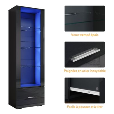 Vitrine LED Sirhona Noir 1720 x 550 x 350 mm Meuble de rangement avec un tiroir de grande capacité, 3 compartiments en verre