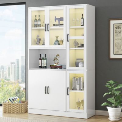 Vitrine Moderne avec Éclairage LED 16 Couleurs, 6 Portes dont 4 en Acrylique, Meuble de Rangement pour Salon, Blanc, 120x40x200 cm