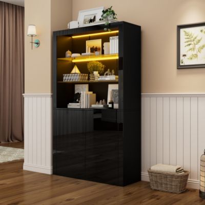 Vitrine Moderne LED avec Étagères en Verre et Portes Battantes, Meuble de Rangement, MDF, Noir 100x35x170 cm