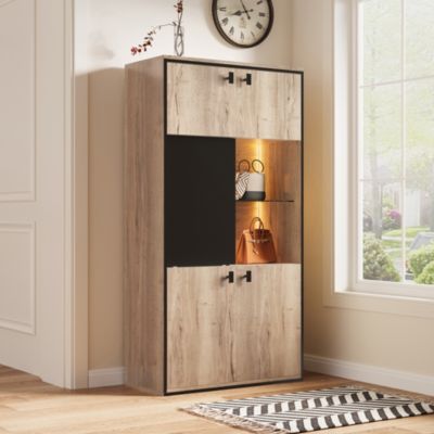 Vitrine Moderne - Meuble de Rangement en Bois avec Portes Battantes et Coulissantes, Étagères Ouvertes, Naturel 77,8x36x150 cm
