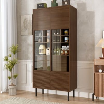 Vitrine Multi-Étagères avec Portes Vitrées et Tiroirs Cachés - Meuble en MDF - 75,5x35x164,5 cm - Noyer