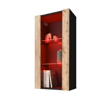 Vitrine Murale Komodee TIVOLI - LED RVB - Bois naturel et Noir - Facades en Mat - 50 x 100 x 29 cm