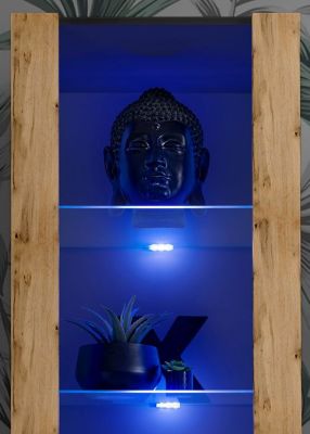 Vitrine Murale Komodee TIVOLI - LED RVB - Bois naturel et Noir - Facades en Mat - 50 x 100 x 29 cm