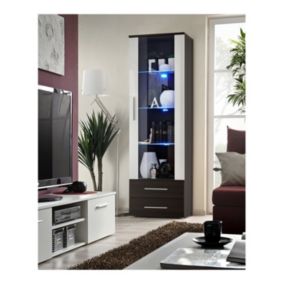 Vitrine NEO I design wengé et blanc brillant, tiroirs noirs brillants, LED intégrée, moderne et tendance