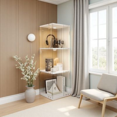Vitrine rotative 360 blanche à 3 niveaux avec portes en verre transparent et LED tactile, meuble de rangement polyvalent
