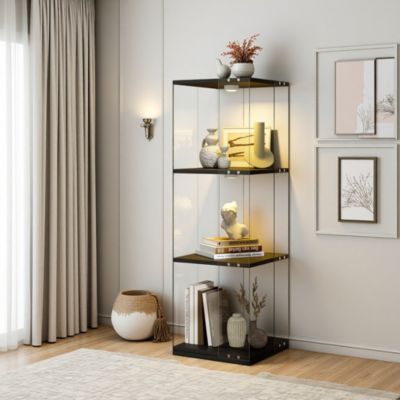 Vitrine rotative 360 blanche à 3 niveaux avec portes en verre transparent et LED tactile, meuble de rangement polyvalent