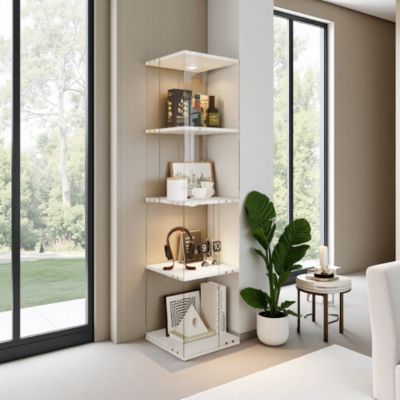 Vitrine rotative 360 blanche à 4 niveaux avec portes en verre transparent et LED tactile, meuble de rangement polyvalent
