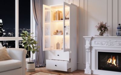 Vitrine Salon avec LED 16 Couleurs et Port USB - Portes Battantes, Étagères Réglables, MDF+Verre, Blanc, 60x36x165 cm