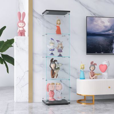 Vitrine sur pied en verre, 4 couches, 1 porte, 42x36x164cm, pour salon, chambre à coucher, bureau, Noir