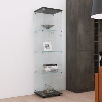 Vitrine sur pied en verre, 4 couches, 1 porte, 42x36x164cm, pour salon, chambre à coucher, bureau, Noir